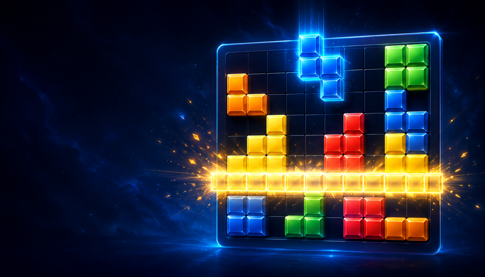 A glowing neon block-puzzle board with a full row bursting into light — the Block Blast core mechanic